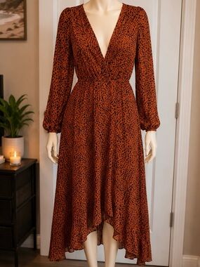 Rust Animal-Print Long Sleeve V-Neck High-Low Midi Dress by PrettyGarden